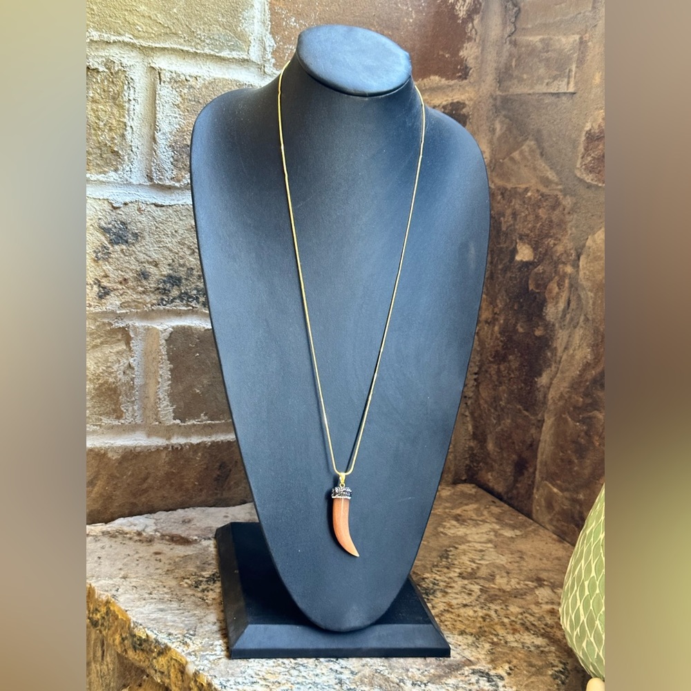 Gold Crystal Orange Agate Tooth Pendant Necklace
